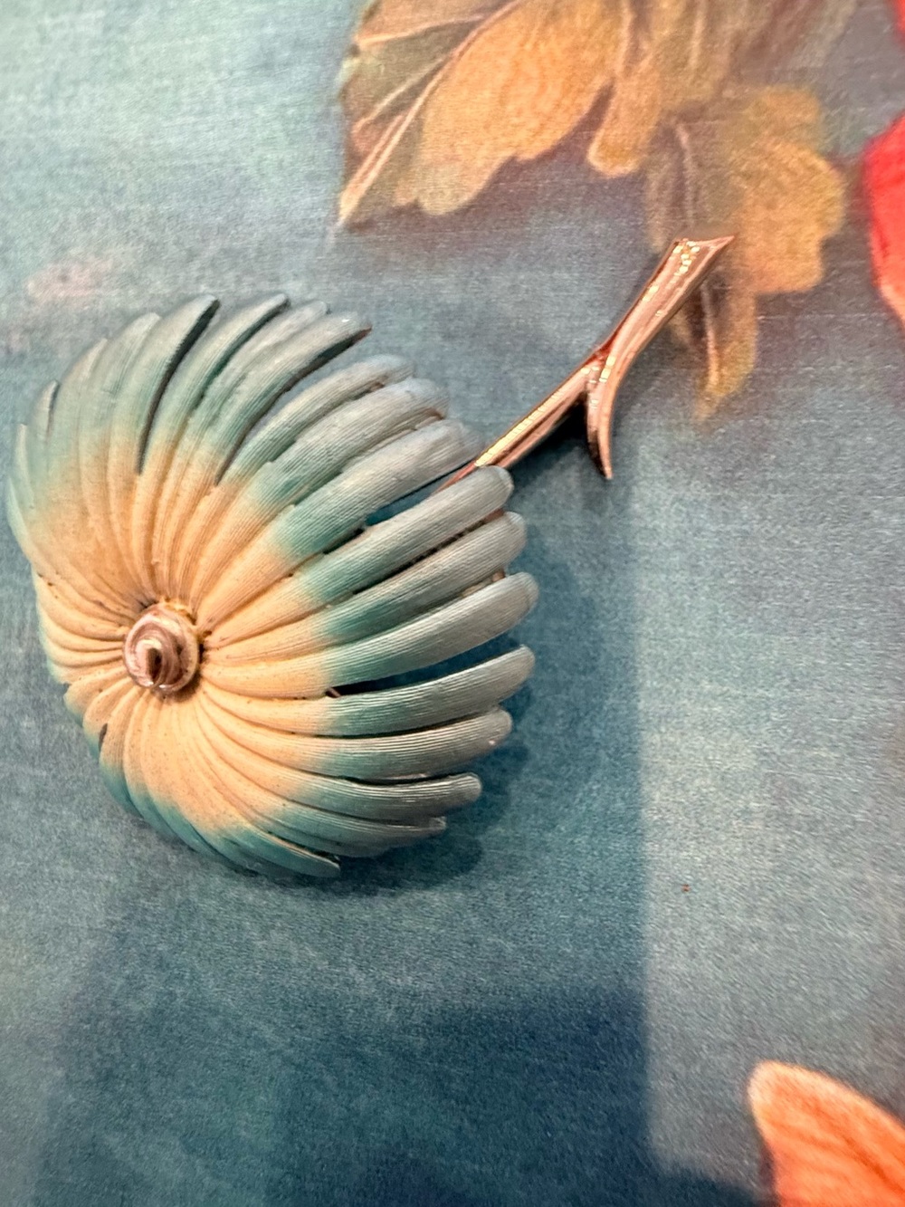 Teal and Cream Decorative Enamel Brooch
